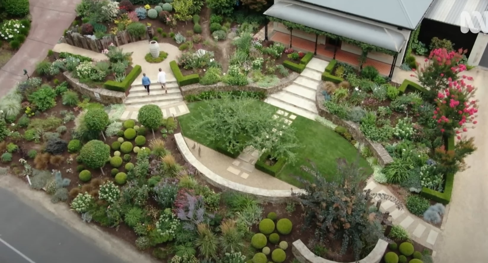 Professional Garden Design - Aerial Landscape View Stunning aerial view of landscaped garden with curved pathways and diverse plantings
