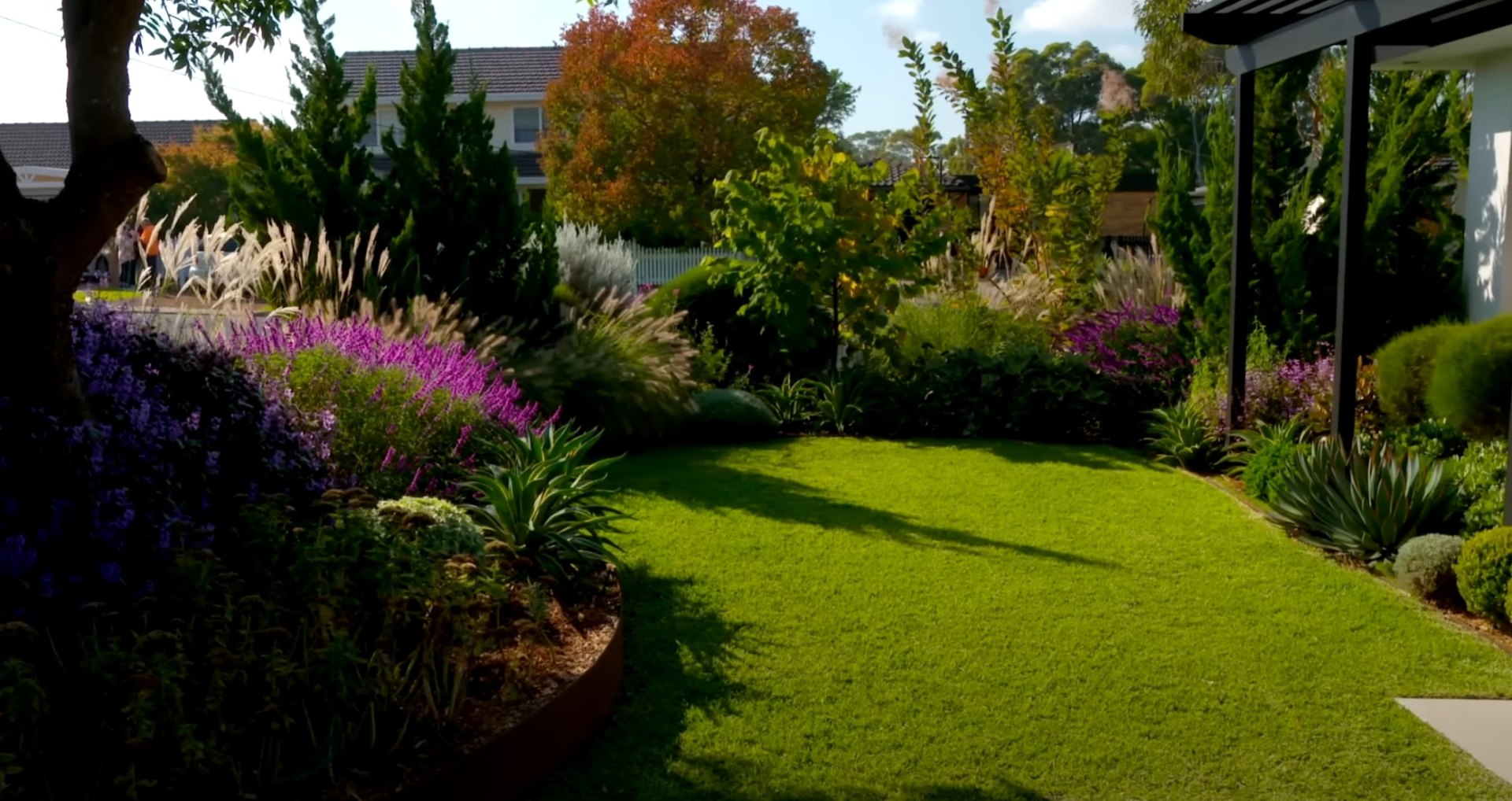 Complete Landscape Design - Garden and Lawn Maintenance Beautiful residential garden with lush green lawn, colorful flower beds, and mature trees